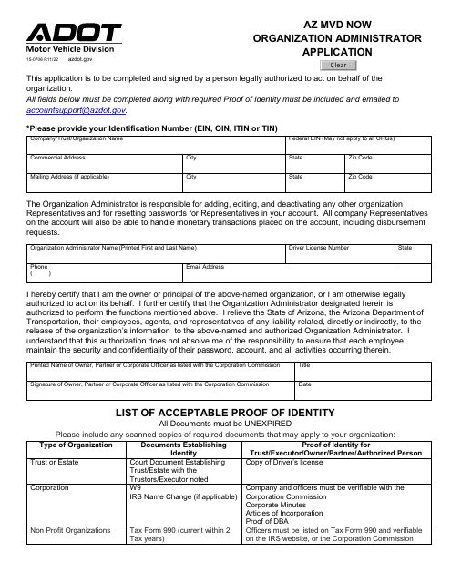 Form 15-0706 Organization Administrator Application - Arizona