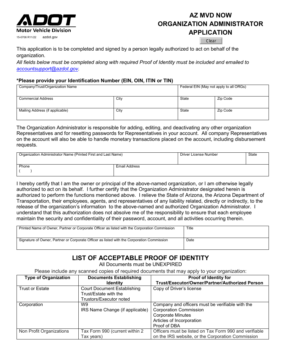 Form 15-0706 Organization Administrator Application - Arizona, Page 1