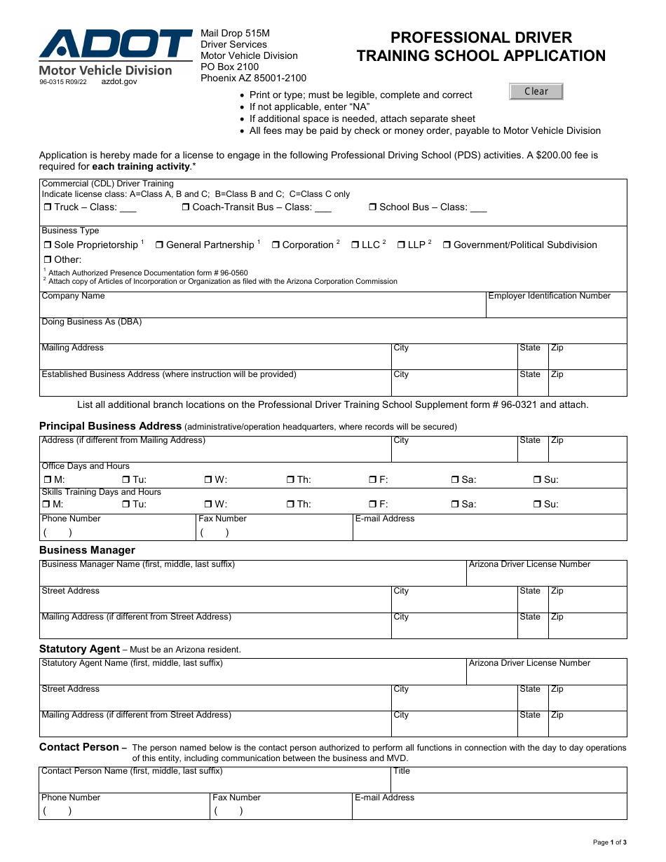 Form 96-0315 Download Fillable PDF or Fill Online Professional Driver ...