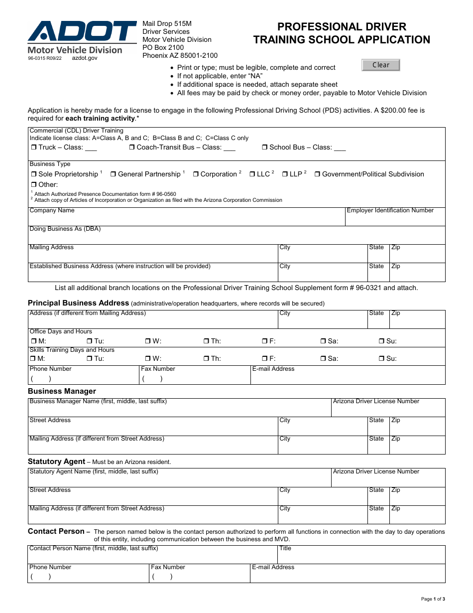 Form 96-0315 Professional Driver Training School Application - Arizona, Page 1