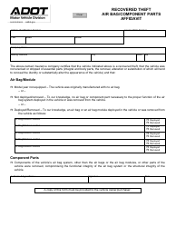 Document preview: Form 96-0320 Recovered Theft Air Bag/Component Parts Affidavit - Arizona