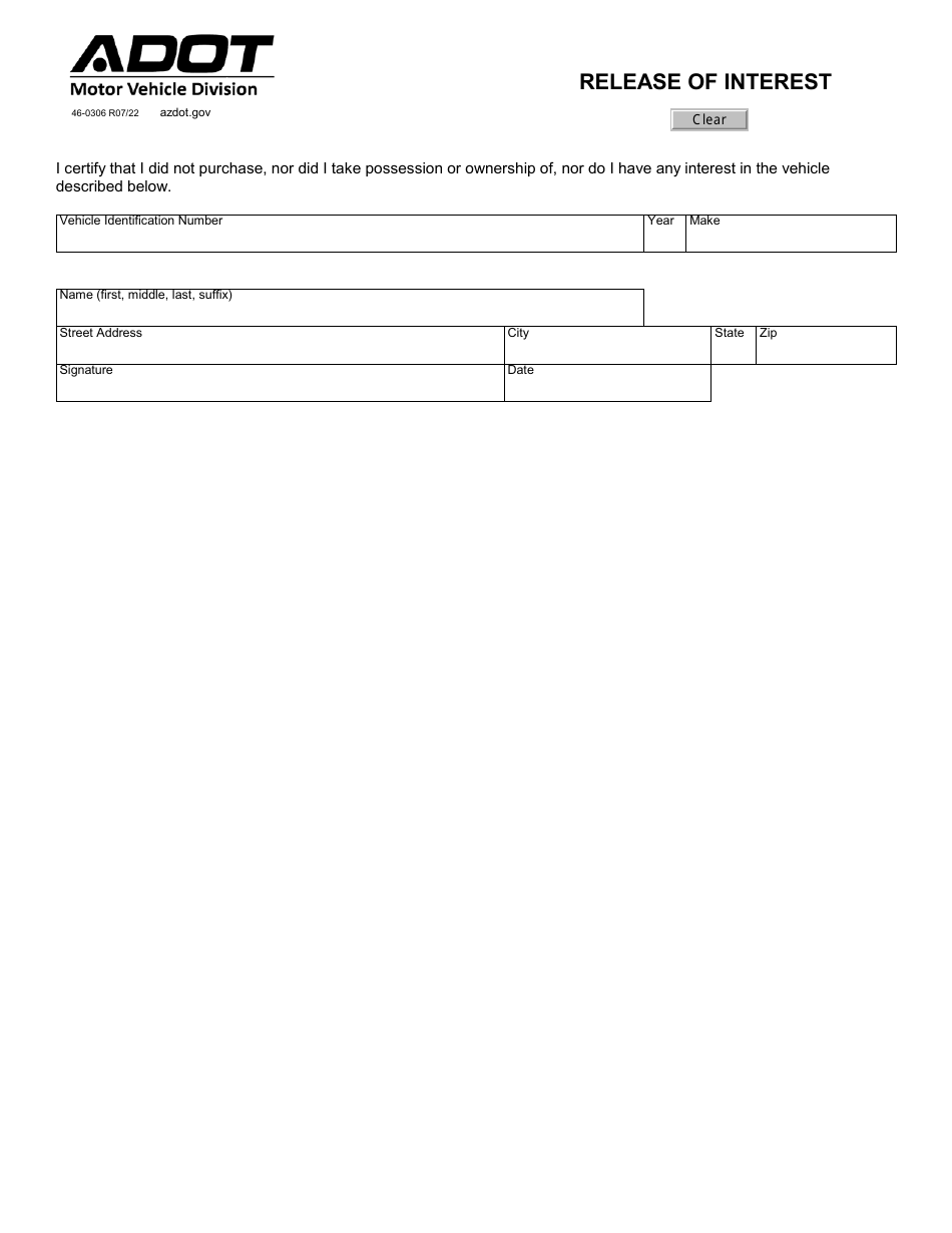 Form 46-0306 Release of Interest - Arizona, Page 1