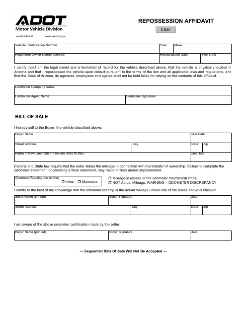 Form 48-0902 Repossession Affidavit - Arizona