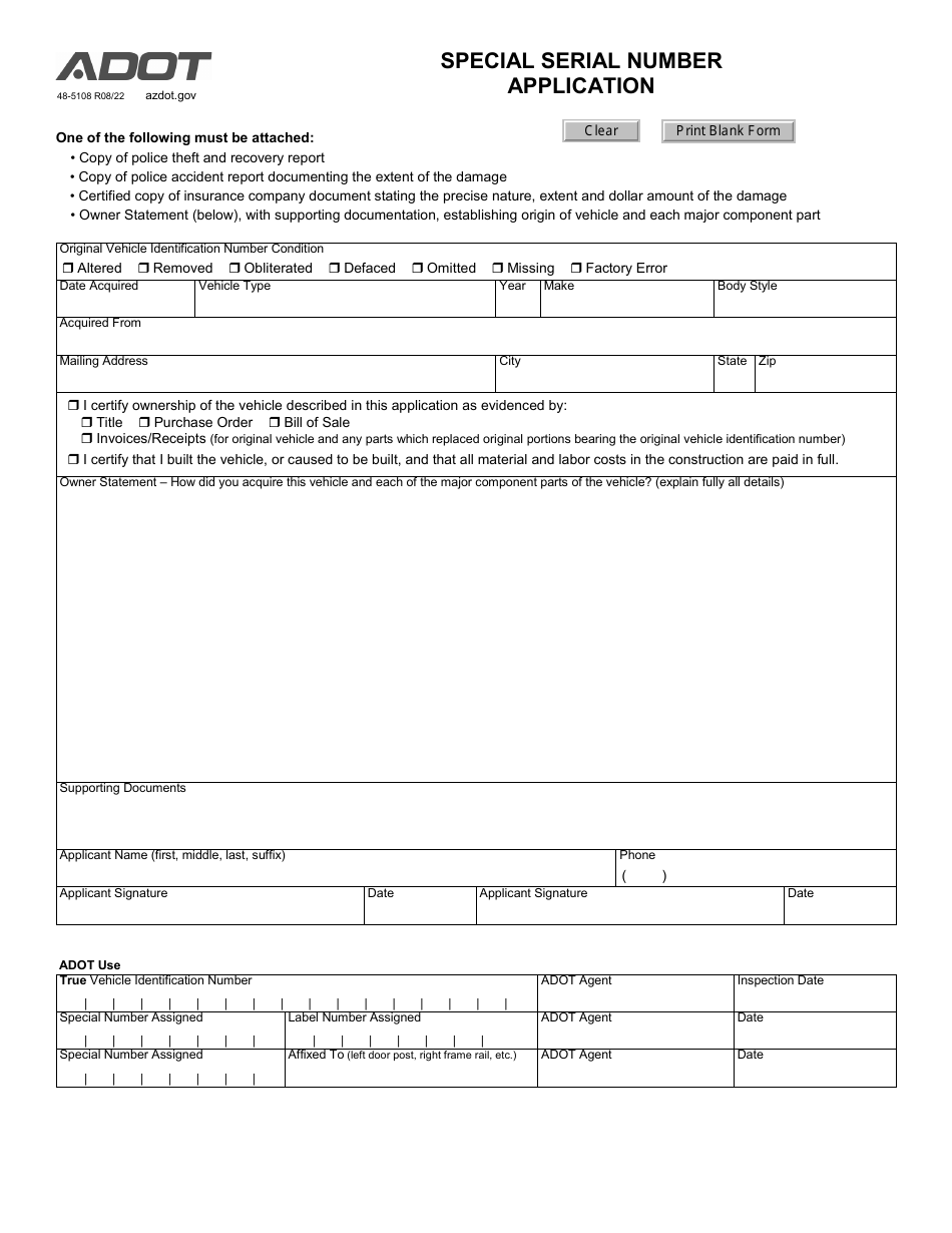 Form 48-5108 Special Serial Number Application - Arizona, Page 1