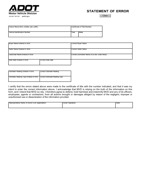 Form 46-0307 Statement of Error - Arizona