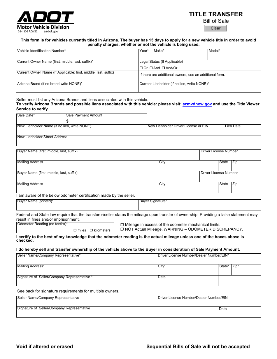 Form 38-1306 Title Transfer Bill of Sale - Arizona, Page 1