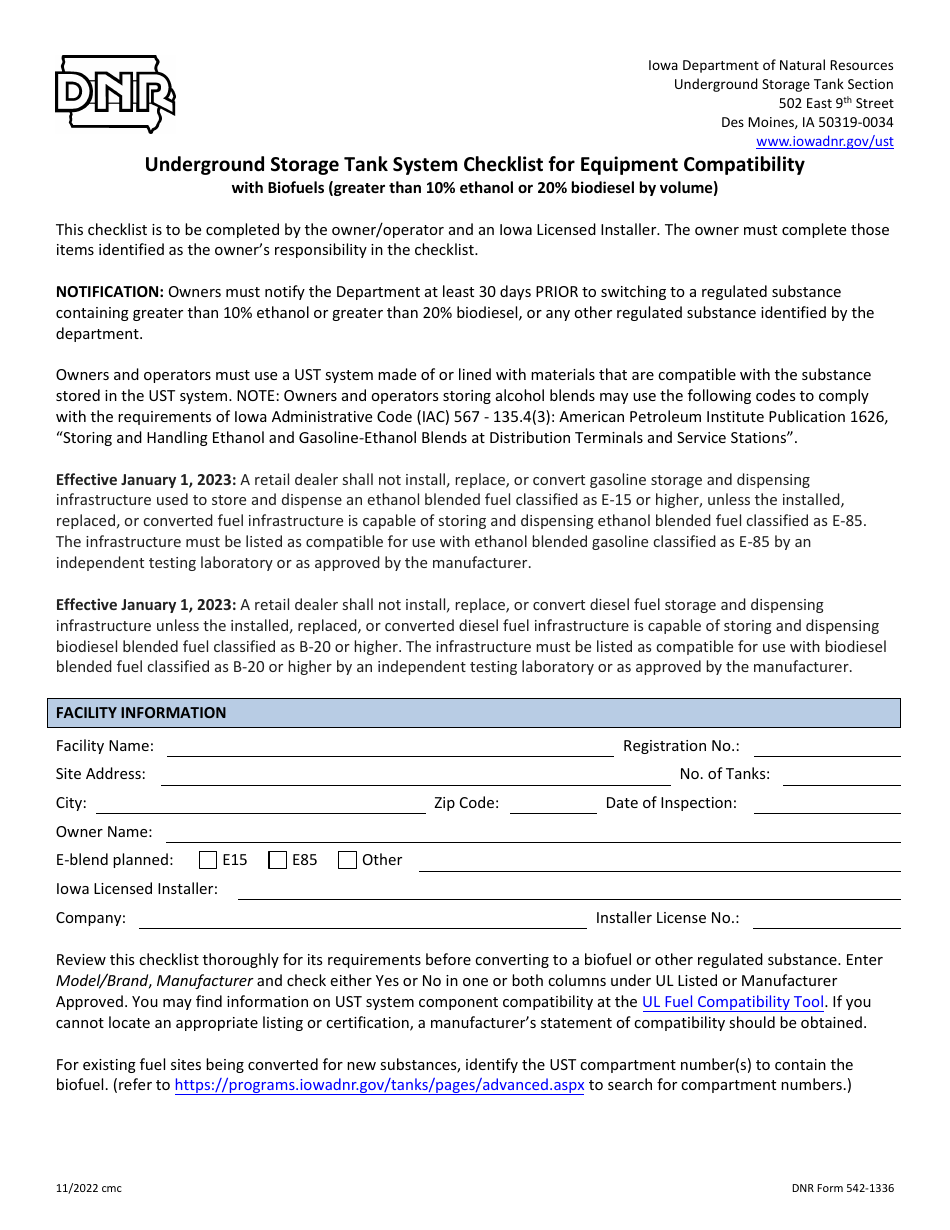 DNR Form 542-1336 Underground Storage Tank System Checklist for Equipment Compatibility With Biofuels (Greater Than 10% Ethanol or 20% Biodiesel by Volume) - Iowa, Page 1