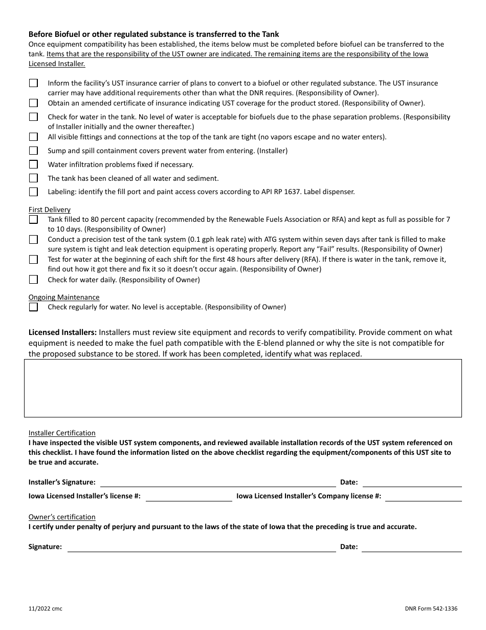 DNR Form 542-1336 Underground Storage Tank System Checklist for Equipment Compatibility With Biofuels (Greater Than 10% Ethanol or 20% Biodiesel by Volume) - Iowa, Page 3