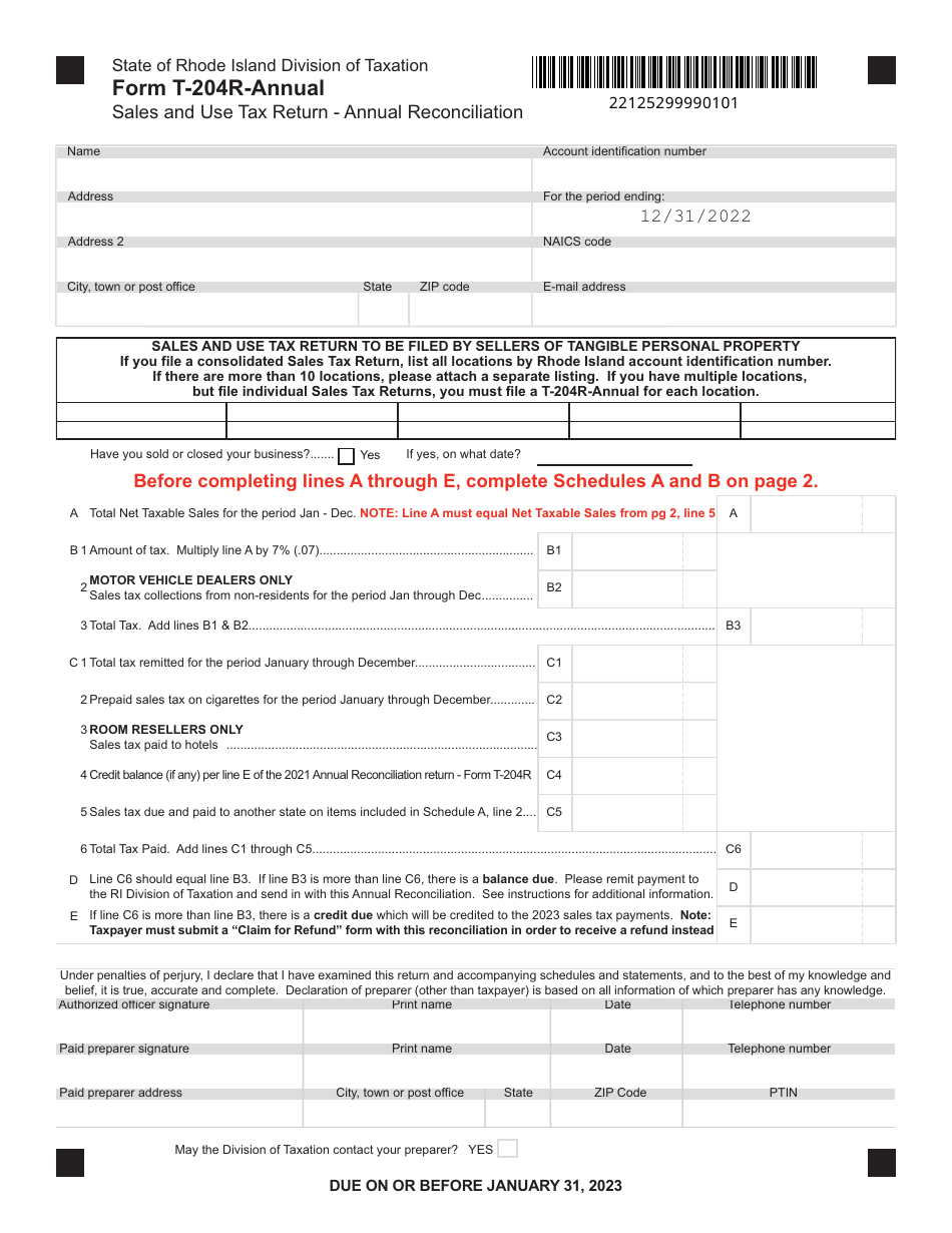 Form T-204R-ANNUAL Sales and Use Tax Return - Annual Reconciliation - Rhode Island, Page 1