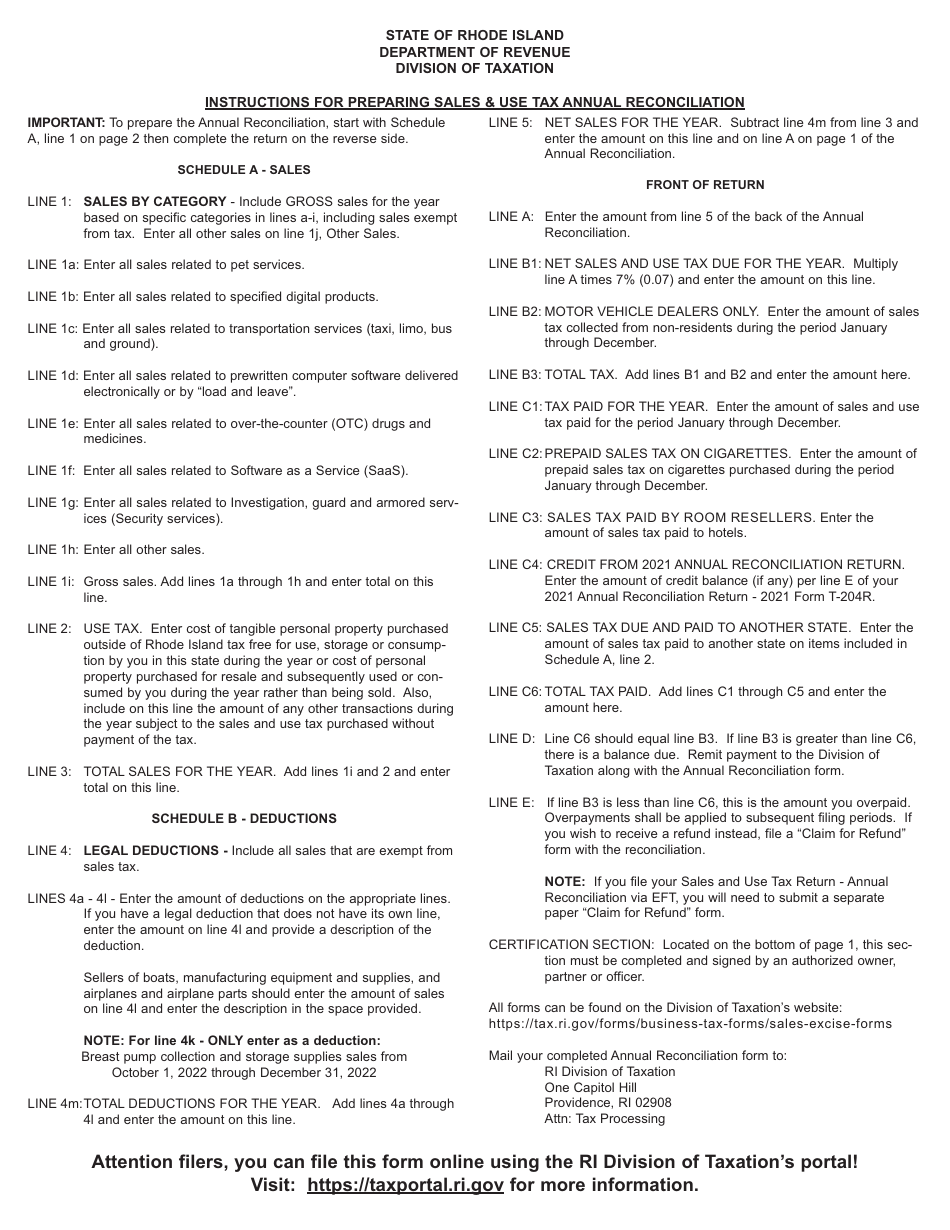 Form T-204R-ANNUAL Sales and Use Tax Return - Annual Reconciliation - Rhode Island, Page 3