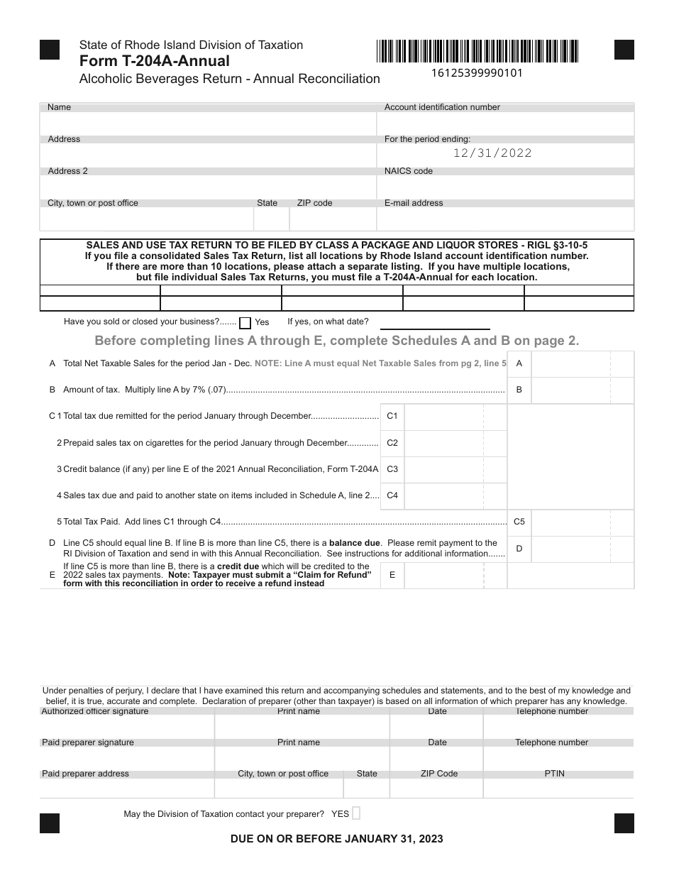 Form T-204A-ANNUAL Alcoholic Beverages Return - Annual Reconciliation - Rhode Island, Page 1