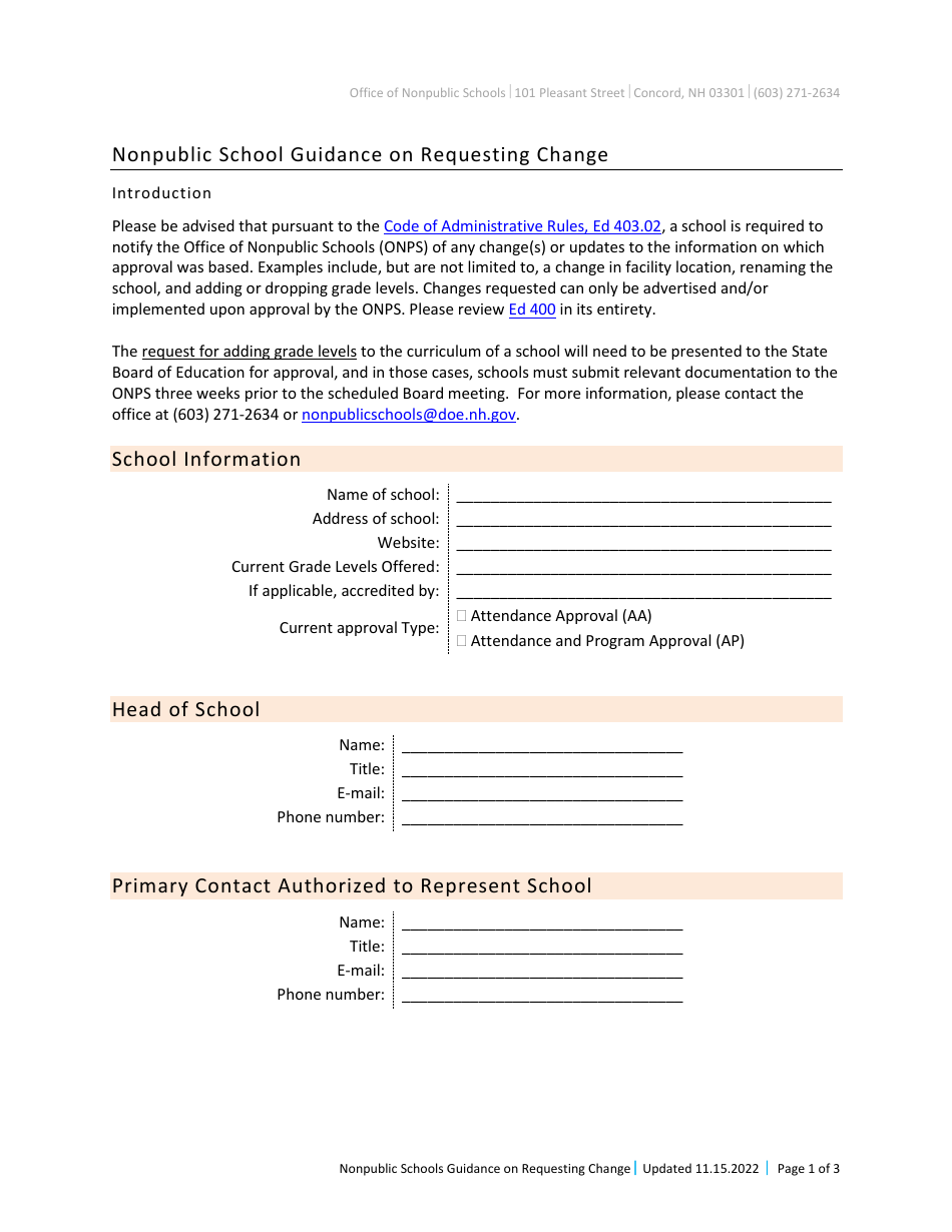 Nonpublic School Request of Change - New Hampshire, Page 1
