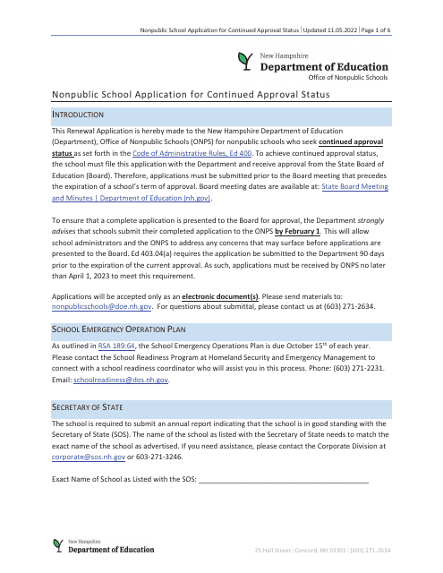 Nonpublic School Application for Continued Approval Status - New Hampshire Download Pdf