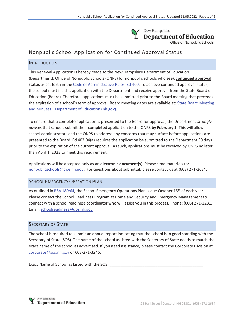 New Hampshire Nonpublic School Application for Continued Approval