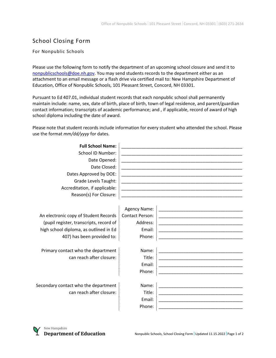 New Hampshire School Closing Form for Nonpublic Schools Fill Out