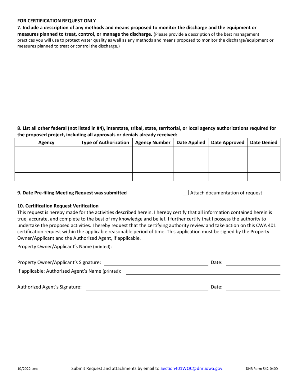 DNR Form 542-0400 Section 401 Water Quality Pre-filing Meeting and Certification Request Form - Iowa, Page 2