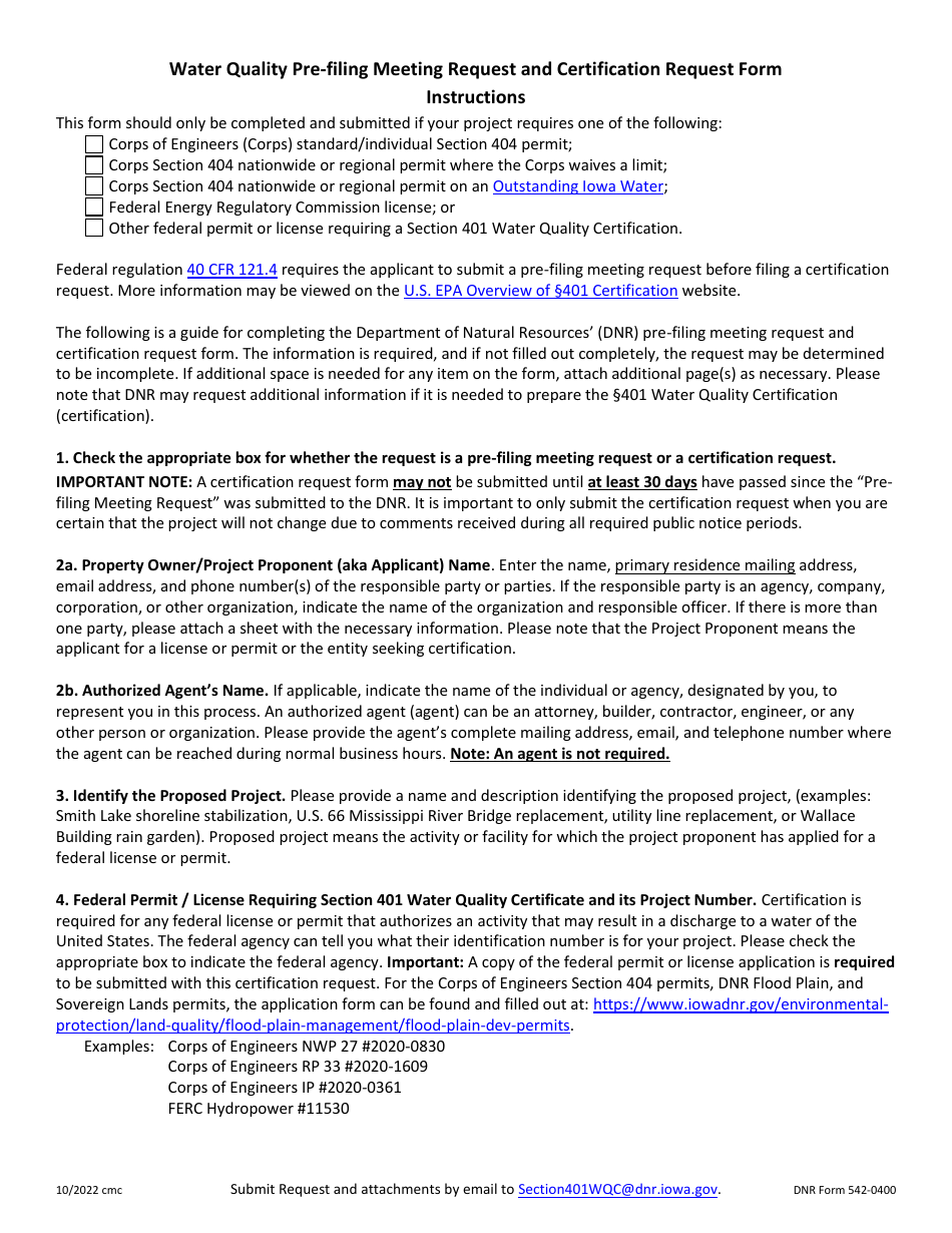 DNR Form 542-0400 Section 401 Water Quality Pre-filing Meeting and Certification Request Form - Iowa, Page 3