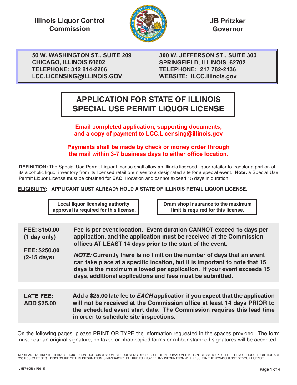 Form IL567-0050 Application for State of Illinois Special Use Permit Liquor License - Illinois, Page 1