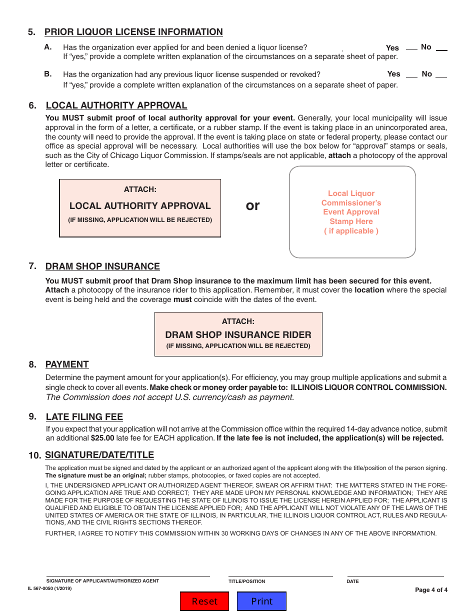 Form IL567-0050 Application for State of Illinois Special Use Permit Liquor License - Illinois, Page 4