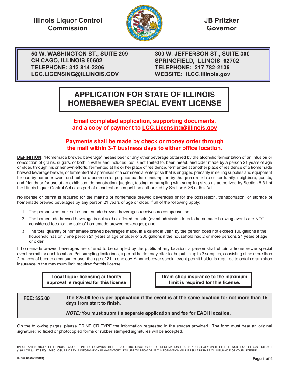 Form IL567-0055 Application for State of Illinois Homebrewer Special Event License - Illinois, Page 1