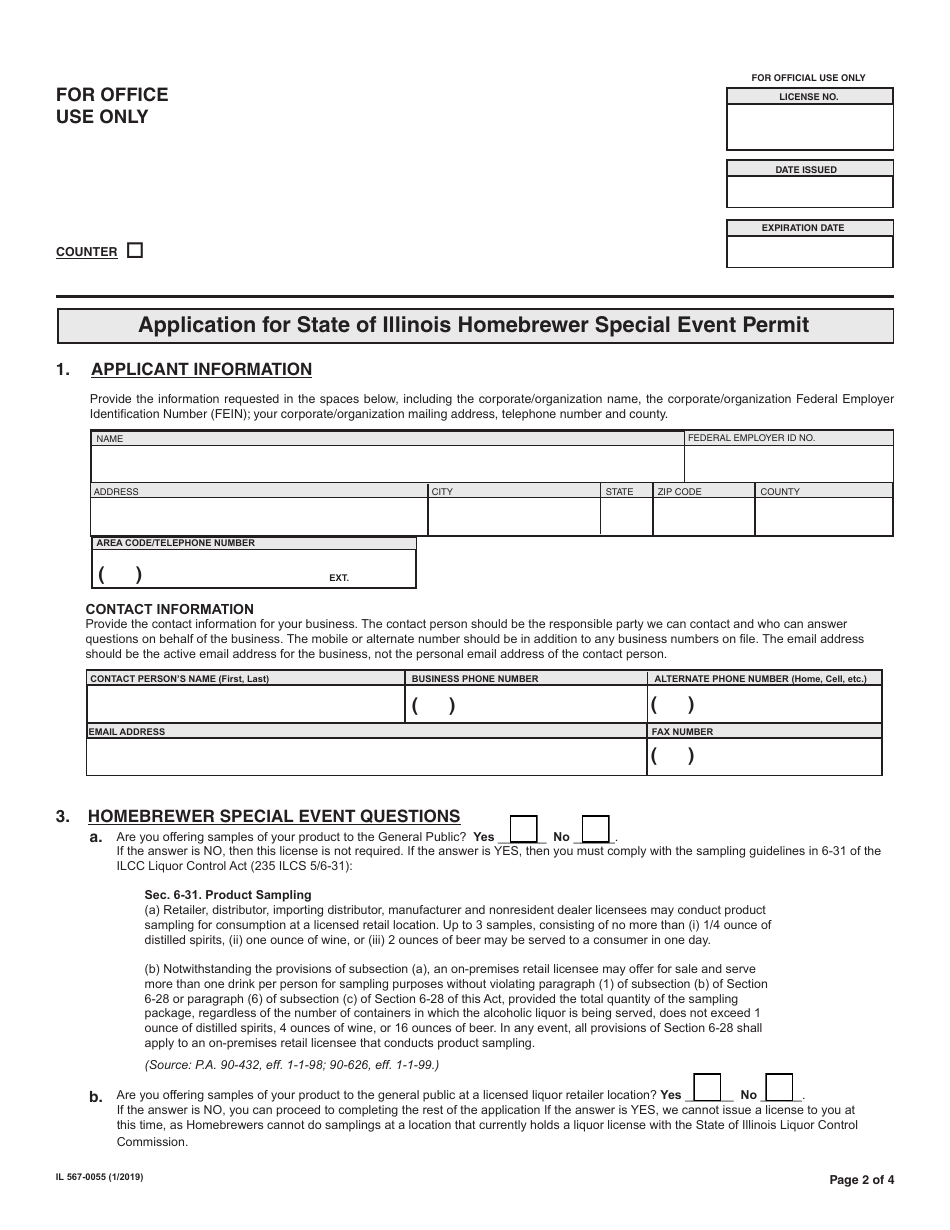 Form IL567-0055 Application for State of Illinois Homebrewer Special Event License - Illinois, Page 2