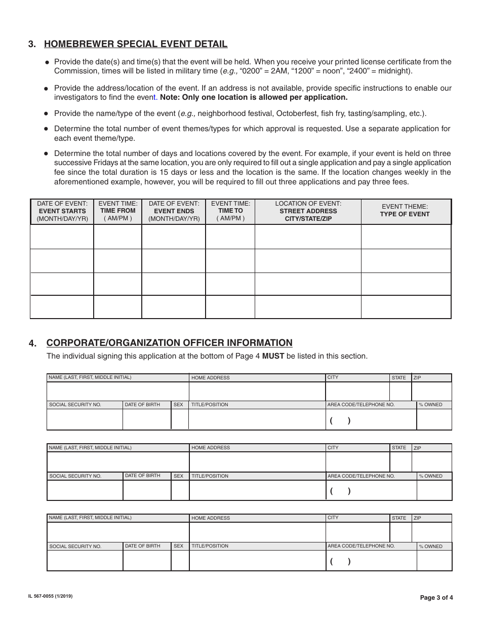 Form IL567-0055 Application for State of Illinois Homebrewer Special Event License - Illinois, Page 3