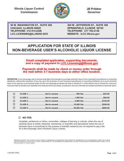 Form IL567-0027 Application for State of Illinois Non-beverage User's Alcoholic Liquor License - Illinois