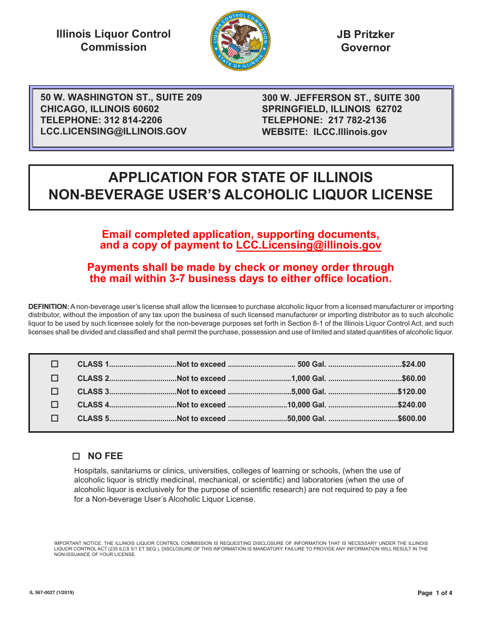 Form IL567-0027 Application for State of Illinois Non-beverage Users Alcoholic Liquor License - Illinois, Page 1