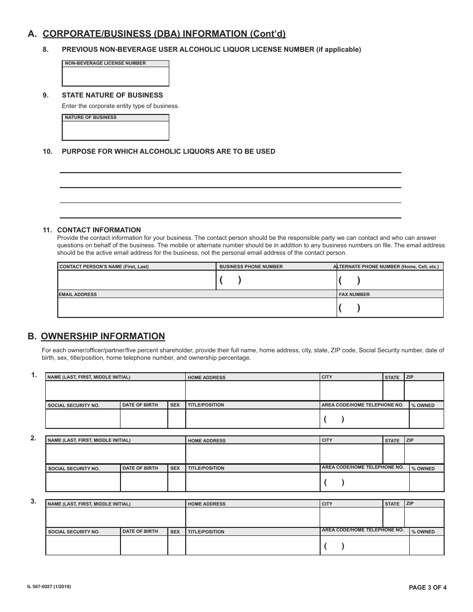 Form IL567-0027 Application for State of Illinois Non-beverage Users Alcoholic Liquor License - Illinois, Page 3