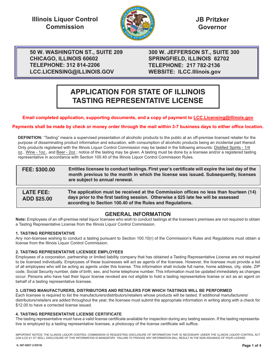 Form IL567-0057 Application for State of Illinois Tasting Representative License - Illinois, Page 1