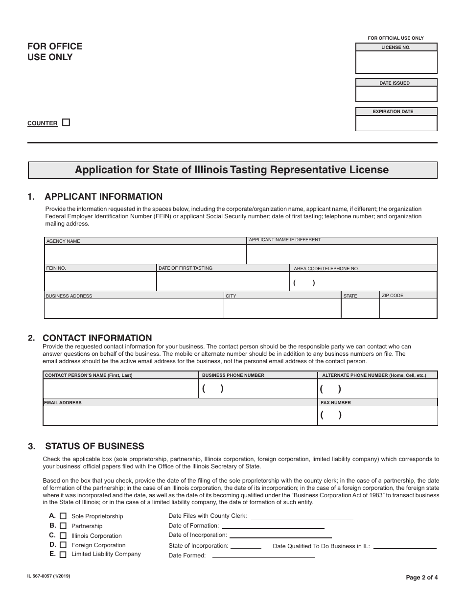 Form IL567-0057 Application for State of Illinois Tasting Representative License - Illinois, Page 2
