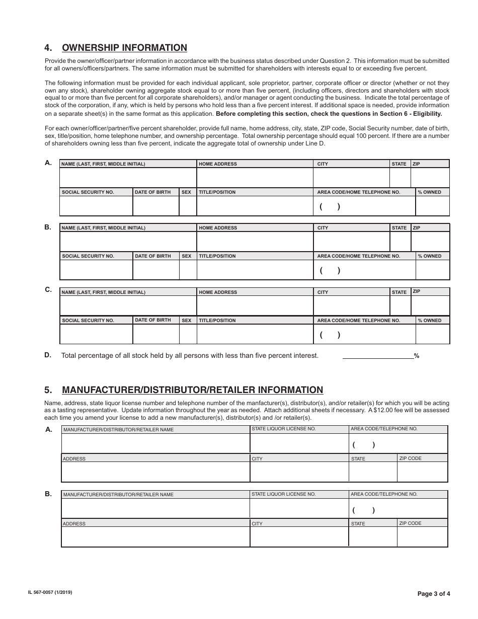 Form IL567-0057 Application for State of Illinois Tasting Representative License - Illinois, Page 3
