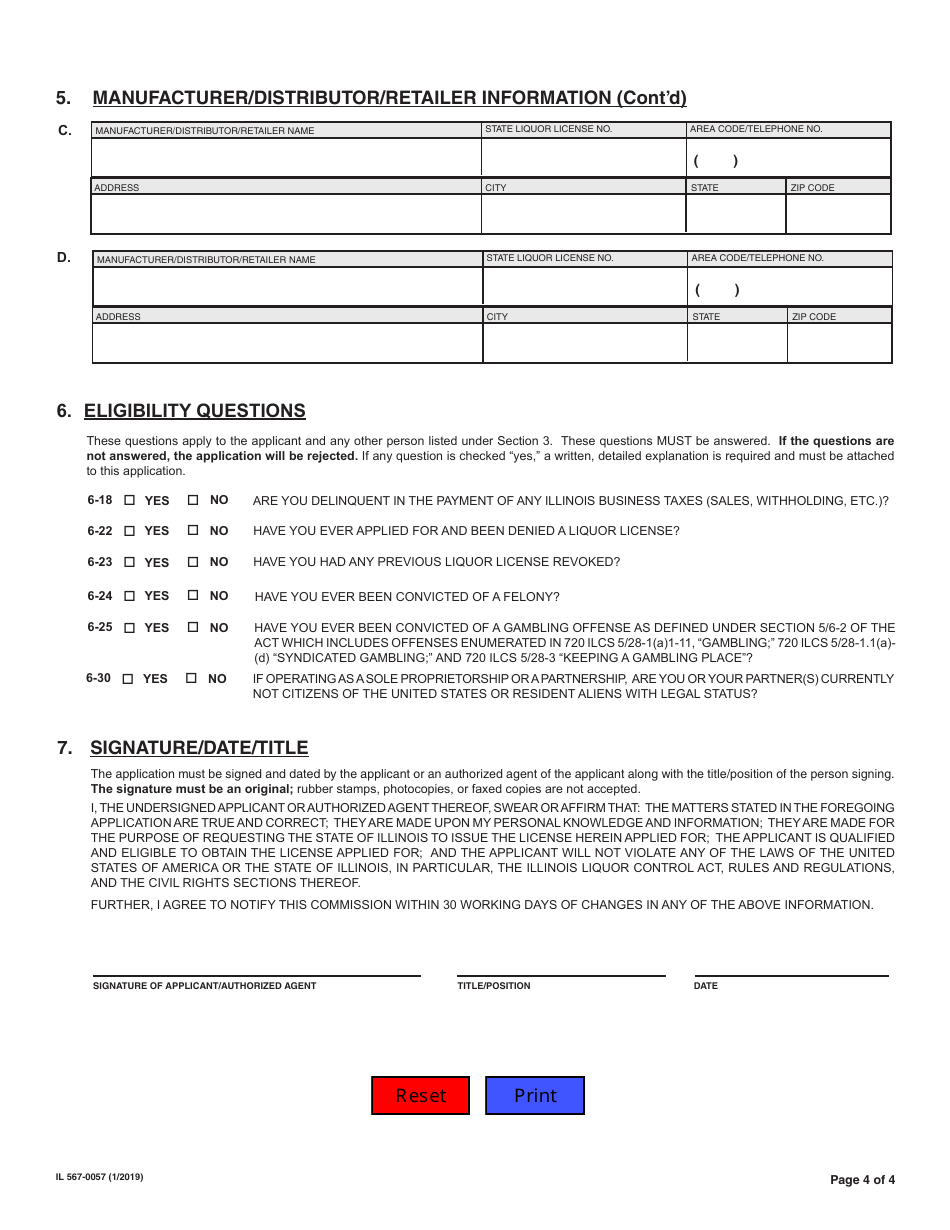 Form IL567-0057 Application for State of Illinois Tasting Representative License - Illinois, Page 4