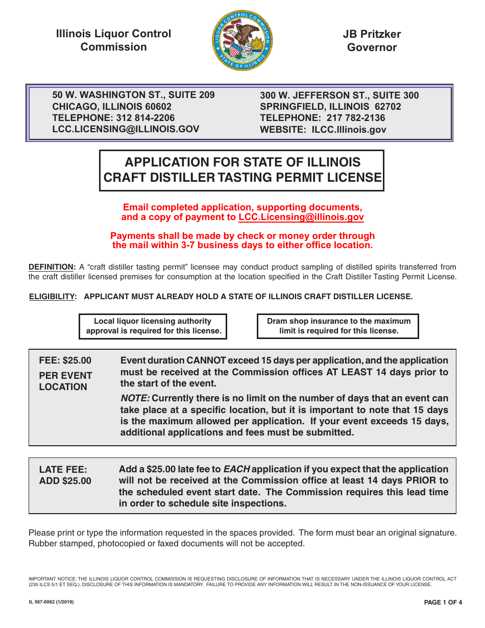 Form IL567-0062 Application for State of Illinois Craft Distiller Tasting Permit License - Illinois, Page 1