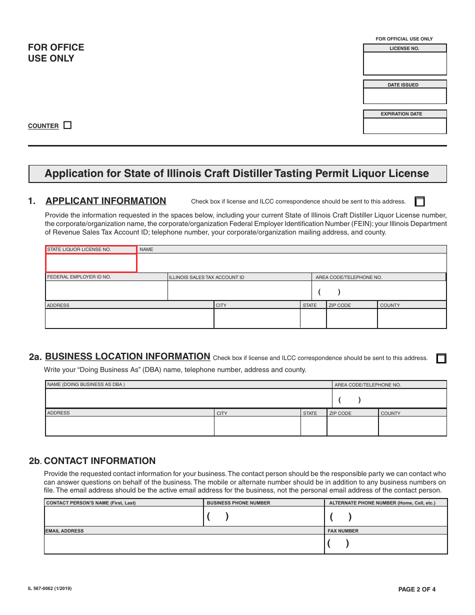 Form IL567-0062 Application for State of Illinois Craft Distiller Tasting Permit License - Illinois, Page 2