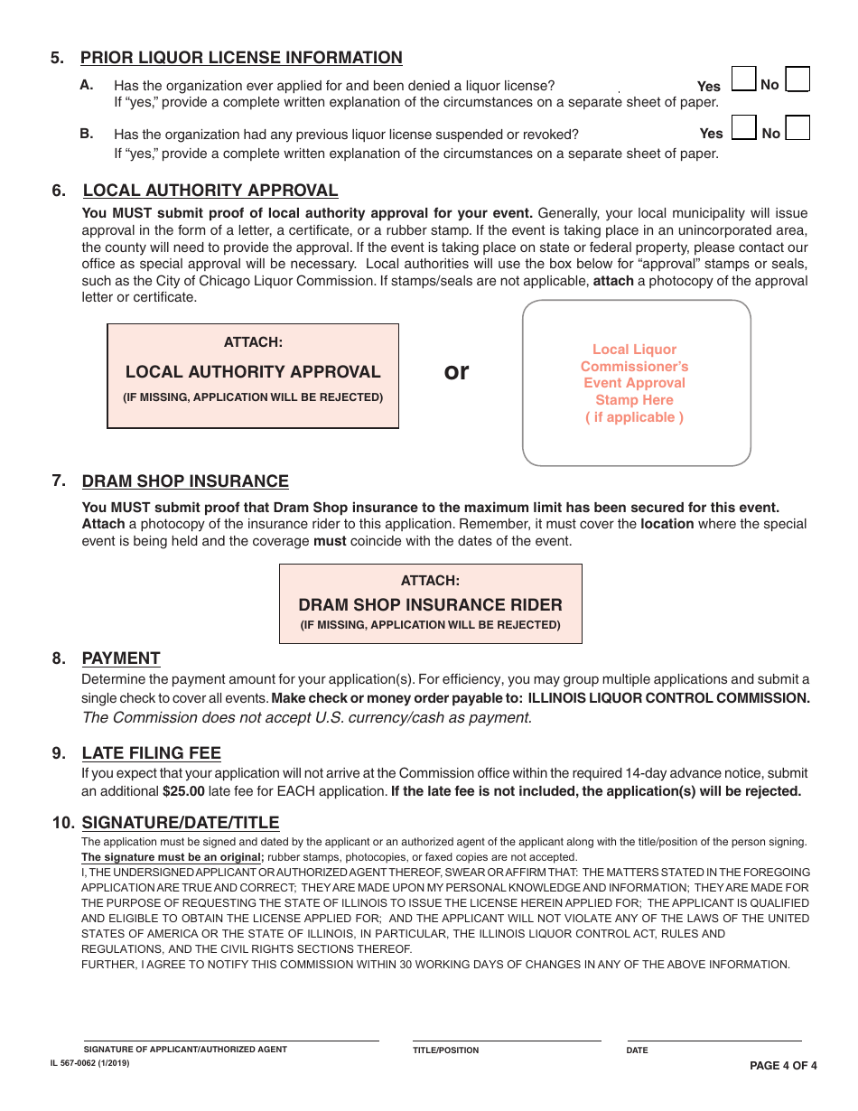 Form IL567-0062 Application for State of Illinois Craft Distiller Tasting Permit License - Illinois, Page 4