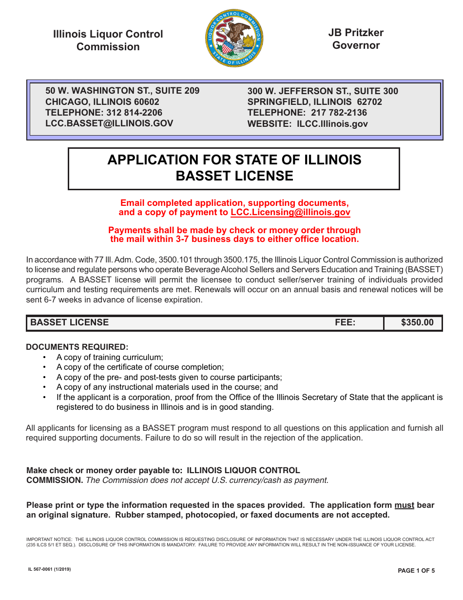Form IL567-0061 Application for State of Illinois Basset License - Illinois, Page 1