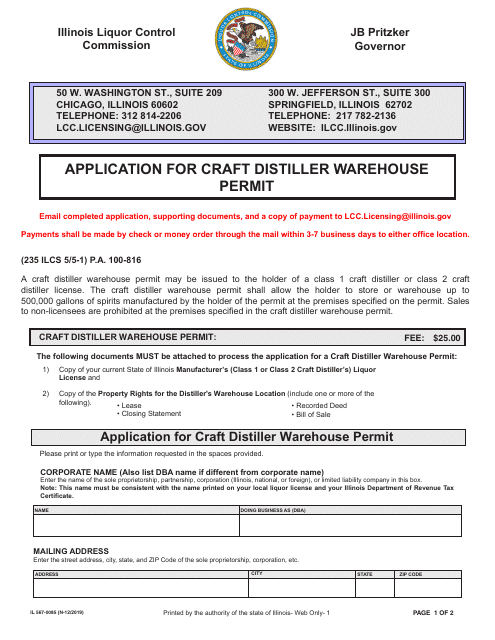 Form IL567-0085 Application for Craft Distiller Warehouse Permit - Illinois