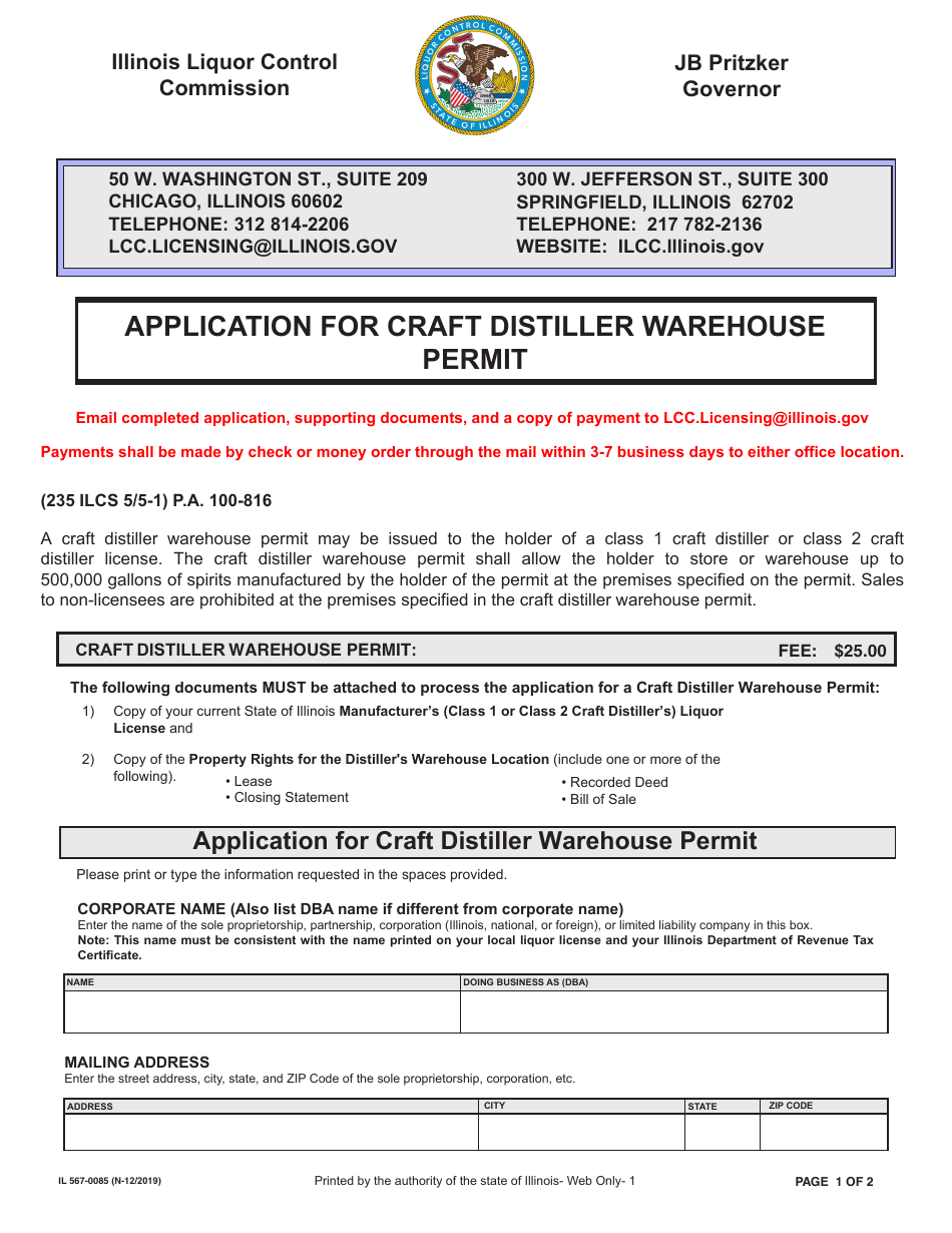 Form IL567-0085 Application for Craft Distiller Warehouse Permit - Illinois, Page 1