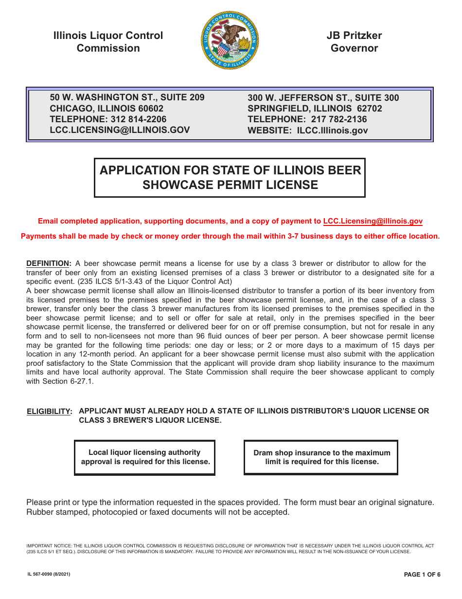 Form IL567-0090 Application for State of Illinois Beer Showcase Permit License - Illinois, Page 1
