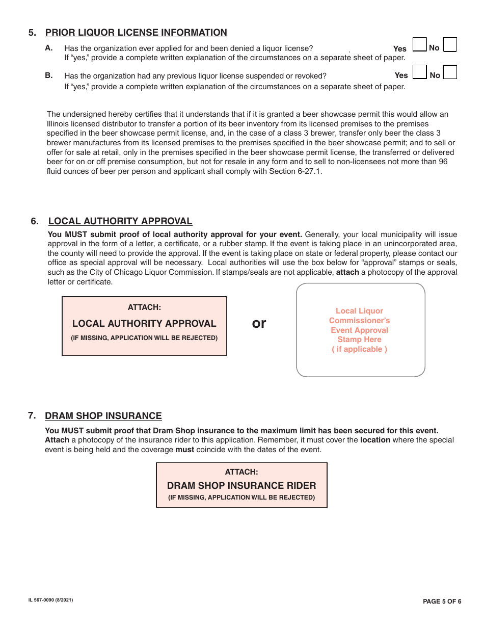 Form IL567-0090 Application for State of Illinois Beer Showcase Permit License - Illinois, Page 5