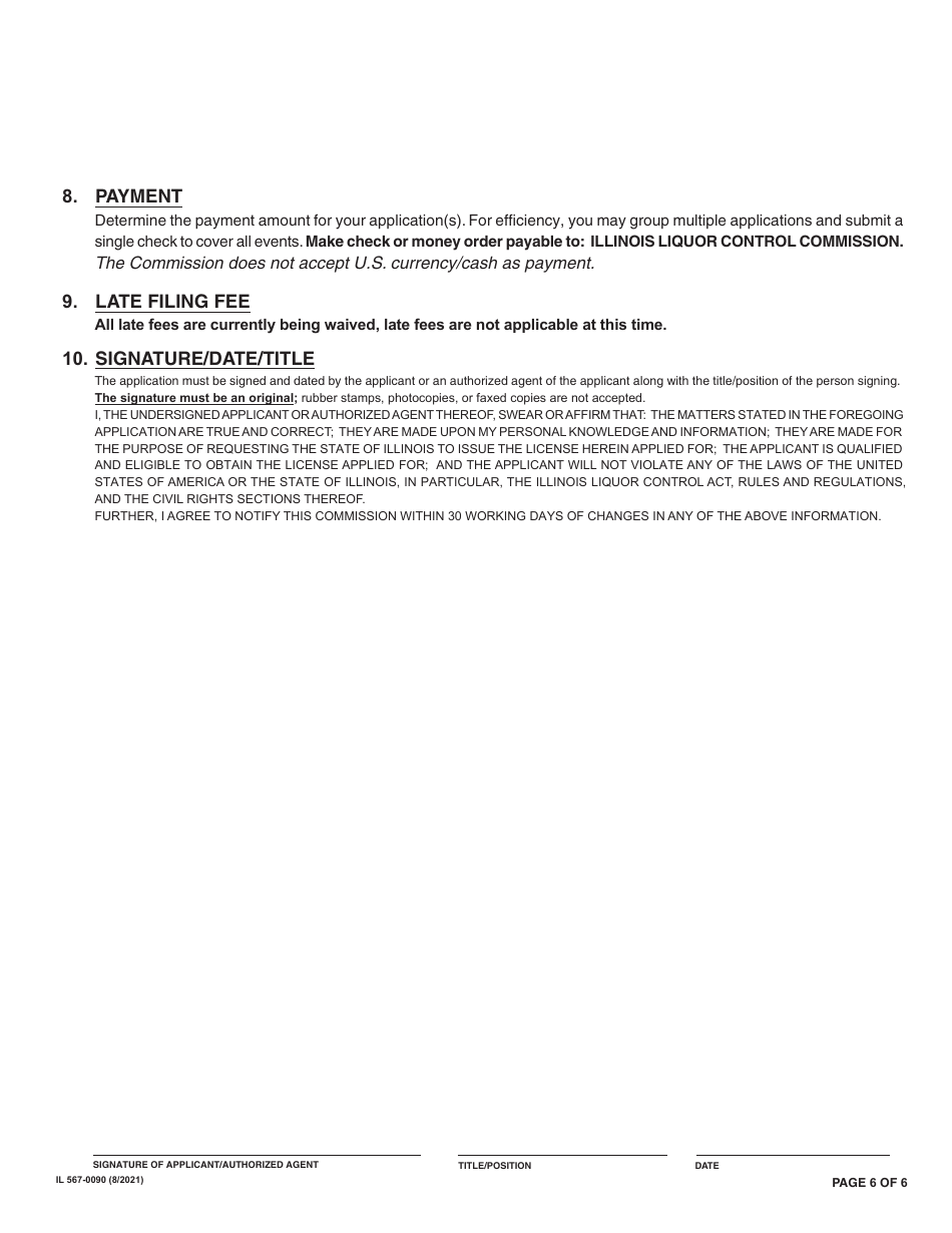 Form IL567-0090 Application for State of Illinois Beer Showcase Permit License - Illinois, Page 6