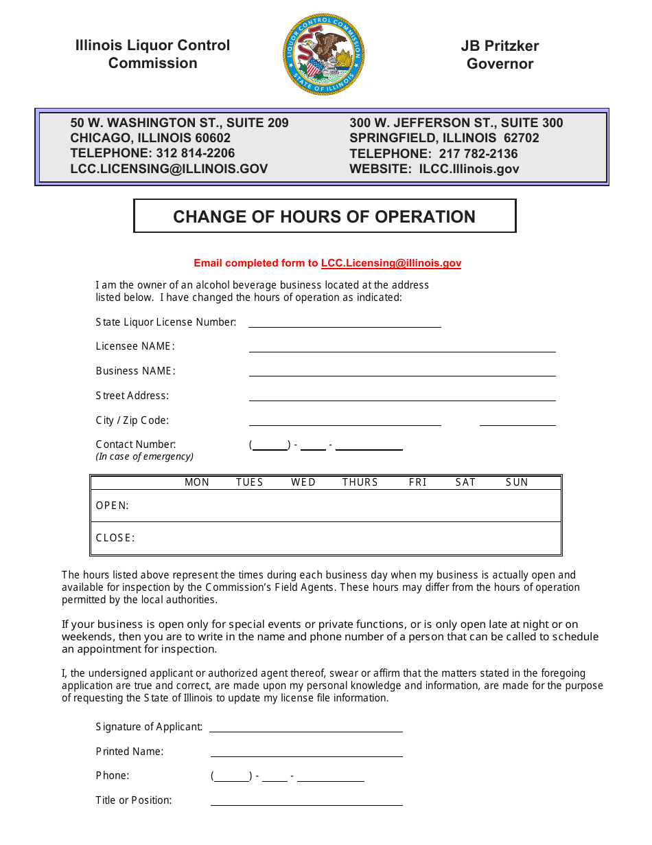 Illinois Change of Hours of Operation Fill Out, Sign Online and Download PDF Templateroller