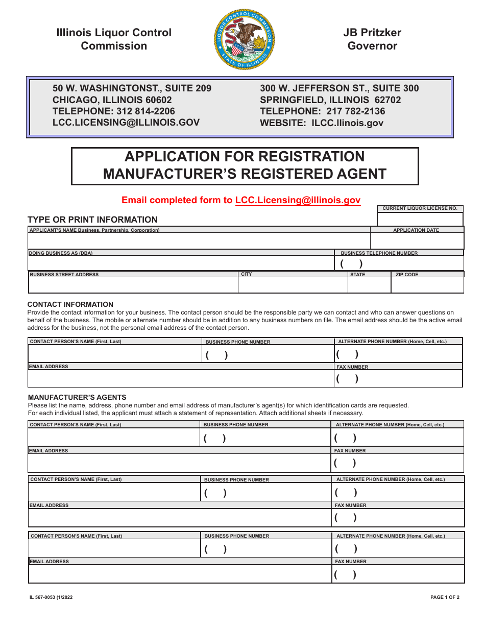 Form IL567-0053 Application for Registration Manufacturers Registered Agent - Illinois, Page 1