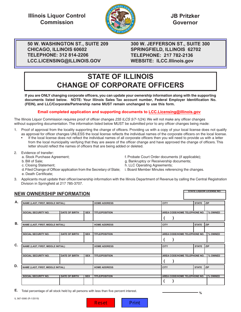 Form IL567-0080 Change of Corporate Officers - Illinois, Page 1