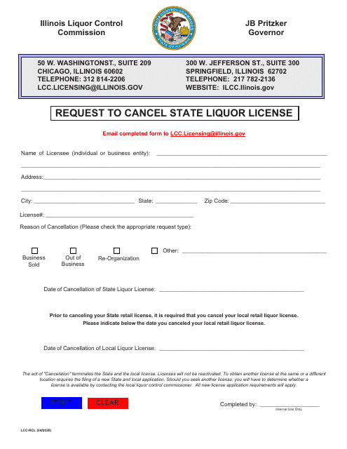 Form LCC-RCL Request to Cancel State Liquor License - Illinois