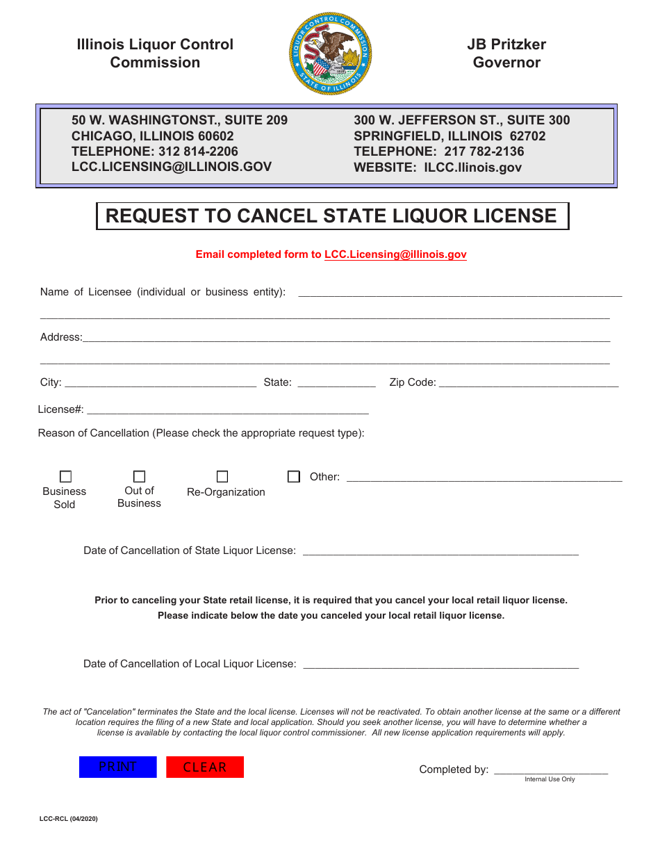 Form LCC-RCL Request to Cancel State Liquor License - Illinois, Page 1