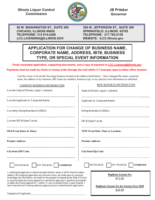 Application for Change of Business Name, Corporate Name, Address, Ibt#, Business Type, or Special Event Information - Illinois