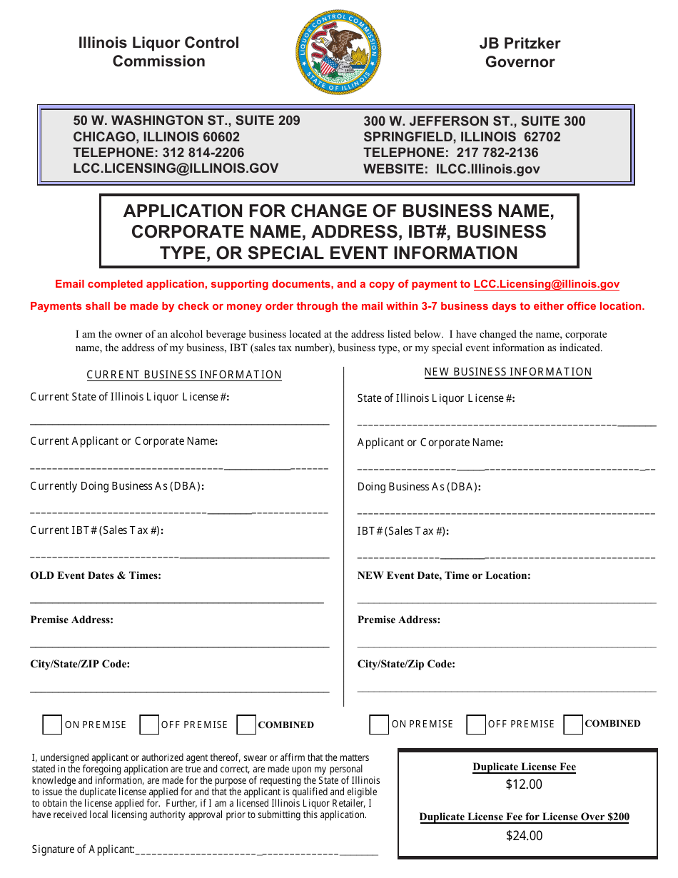 Application for Change of Business Name, Corporate Name, Address, Ibt#, Business Type, or Special Event Information - Illinois, Page 1