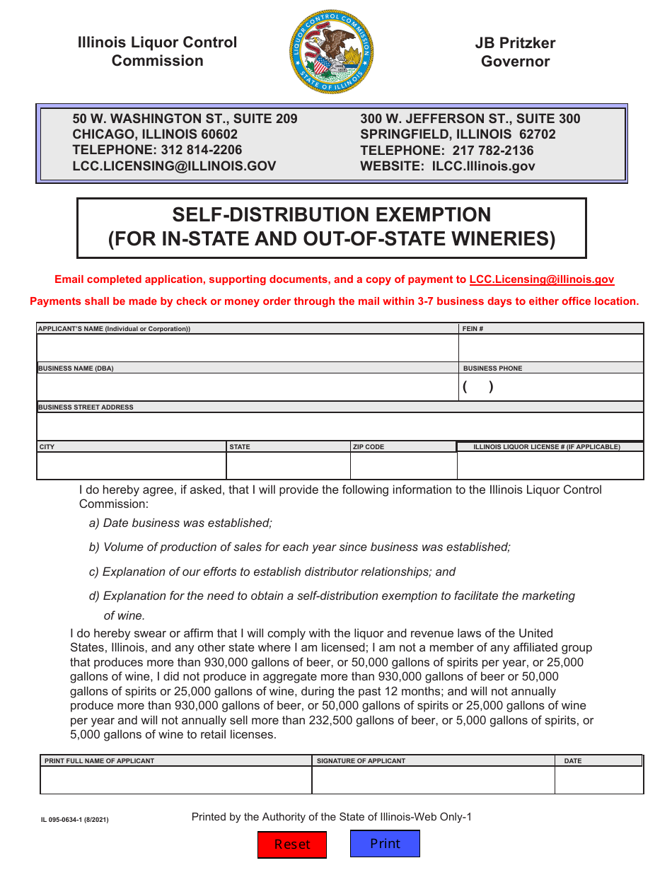 Form IL095-0634-1 Self-distribution Exemption (For in-State and Out-of-State Wineries) - Illinois, Page 1